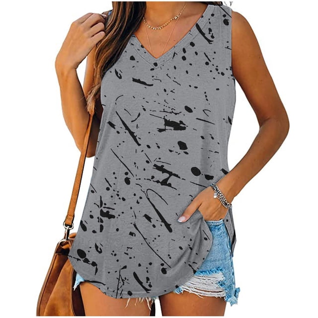 Womens Print Tank Tops V-Neck Basic Casual Flowy Summer Sleeveless T-Shirt