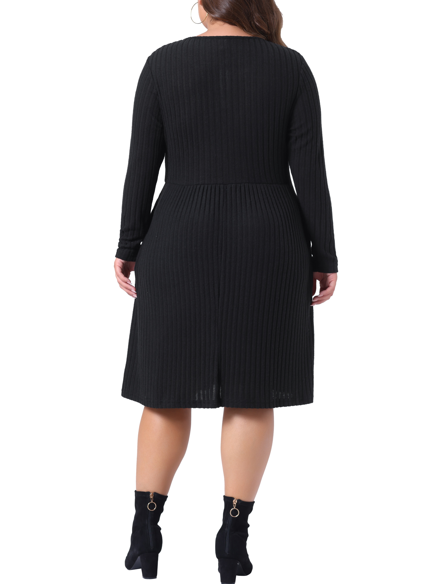 DARING DIVA Plus Size Round Neck Long Sleeve Casual Knit Dress 2X Black