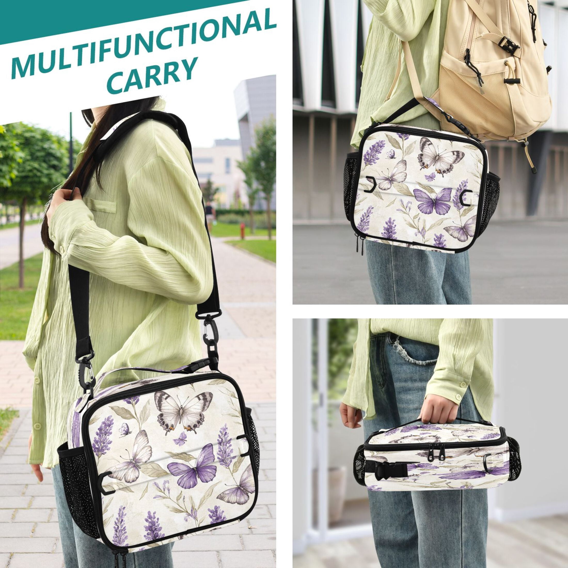 WOBOGO Purple Lavender and Butterfly Tote Lunch Bag High Quality Insulated Aluminium Film For Cold with Adjustable Shoulder Strap 11.2×9.8×3.5in