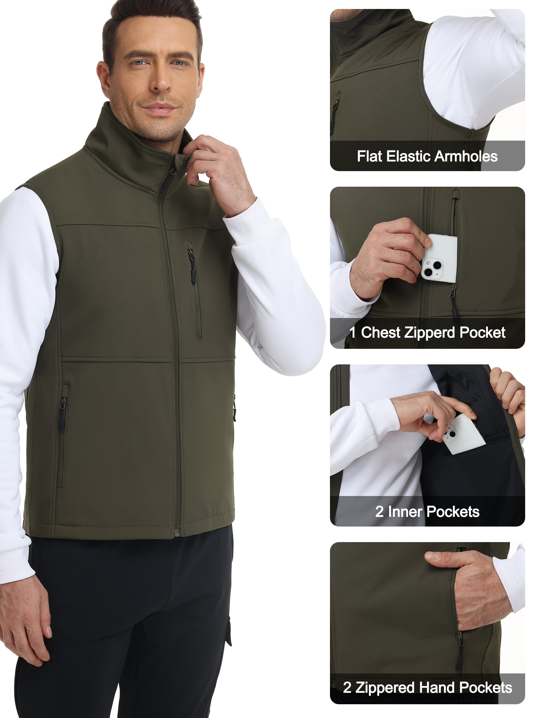 Satankud Mens Lightweight Softshell Vest Windproof Sleeveless Outerwear Zip Up Jacket Fleece Lined Waterproof Vest Outerwear for Running Hiking Travel Army-L