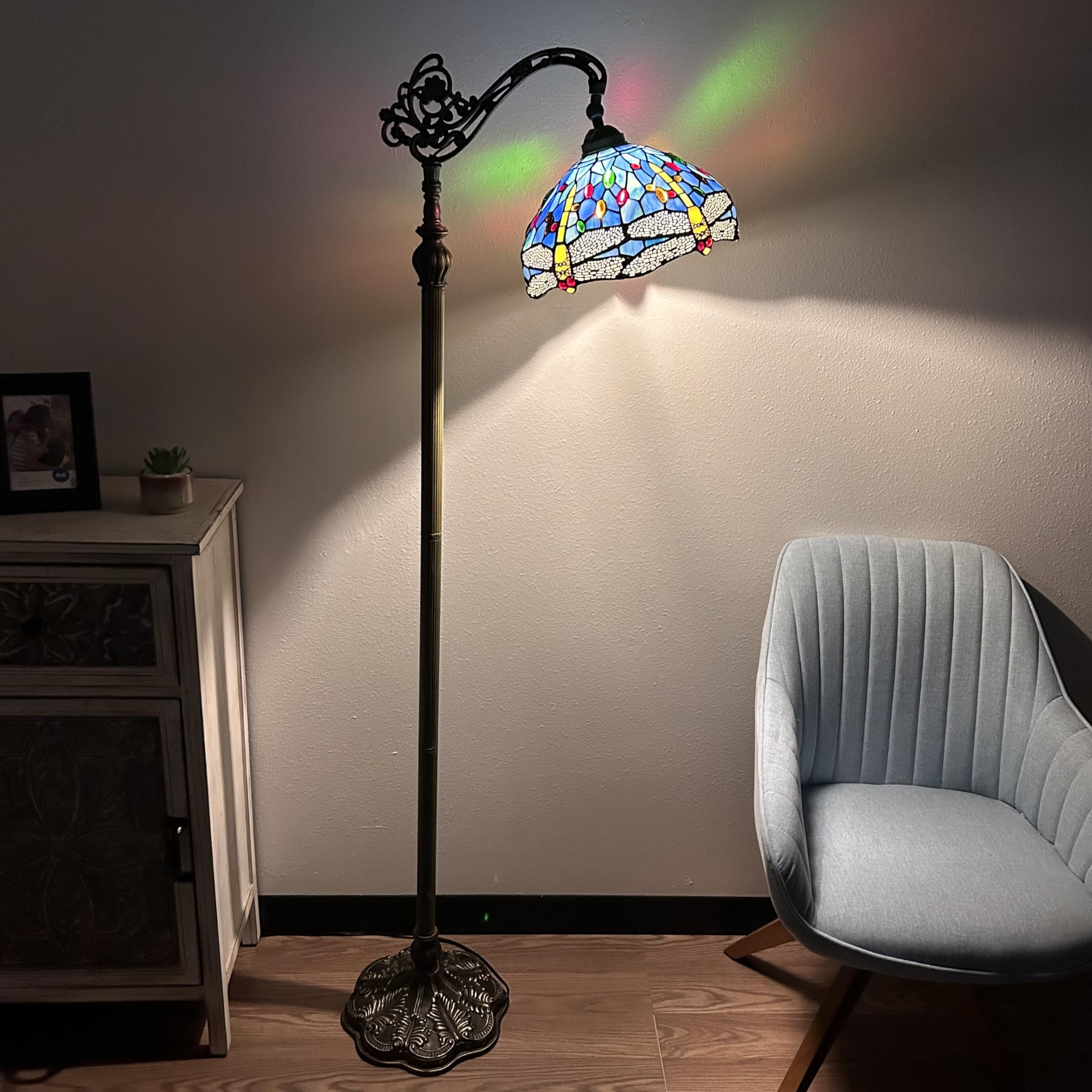 Enjoy Décor Lamps Tiffany 1-Light Dragonfly Blue Stained Glass Bowl Floor Lamp with Adjustable LED Bulb