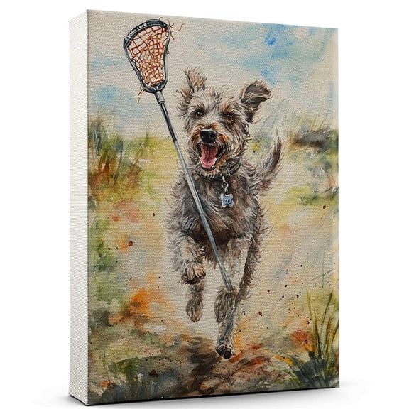 Scottish Deerhound Dog Stretched Canvas Size 8x12 – Lacrosse Theme Dog Art for Wall, Scottish Deerhound Dog Playing Lacrosse Wall Art, Dog Lover Canvas Decor