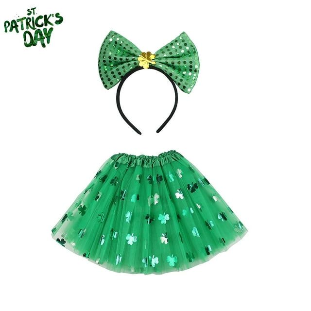 Fiudx Artículos en oferta con ofertas flash Conjunto de accesorios para disfraz de fiesta del día de San Patricio: falda de tul, diadema con pajarita (adulto)
