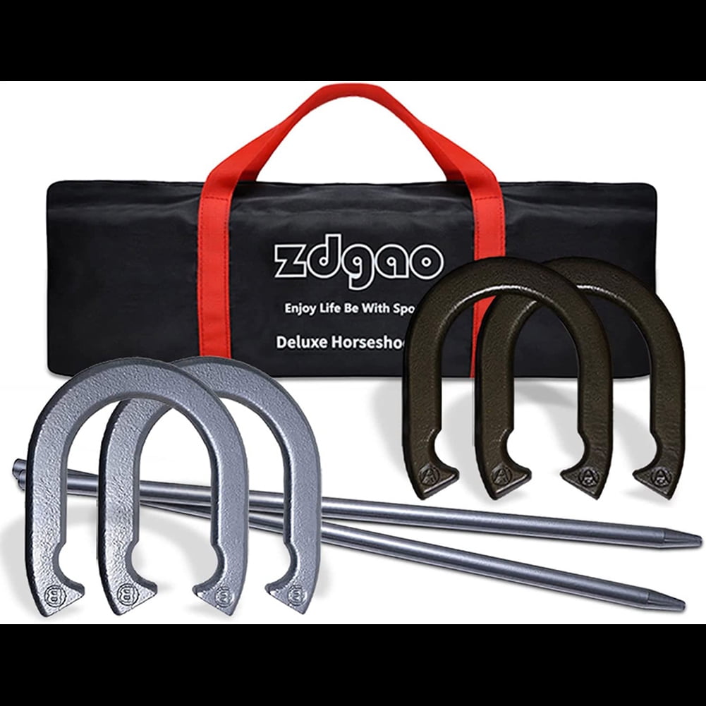 Horseshoe set with 4 steel horseshoes, 2 sturdy stakes and