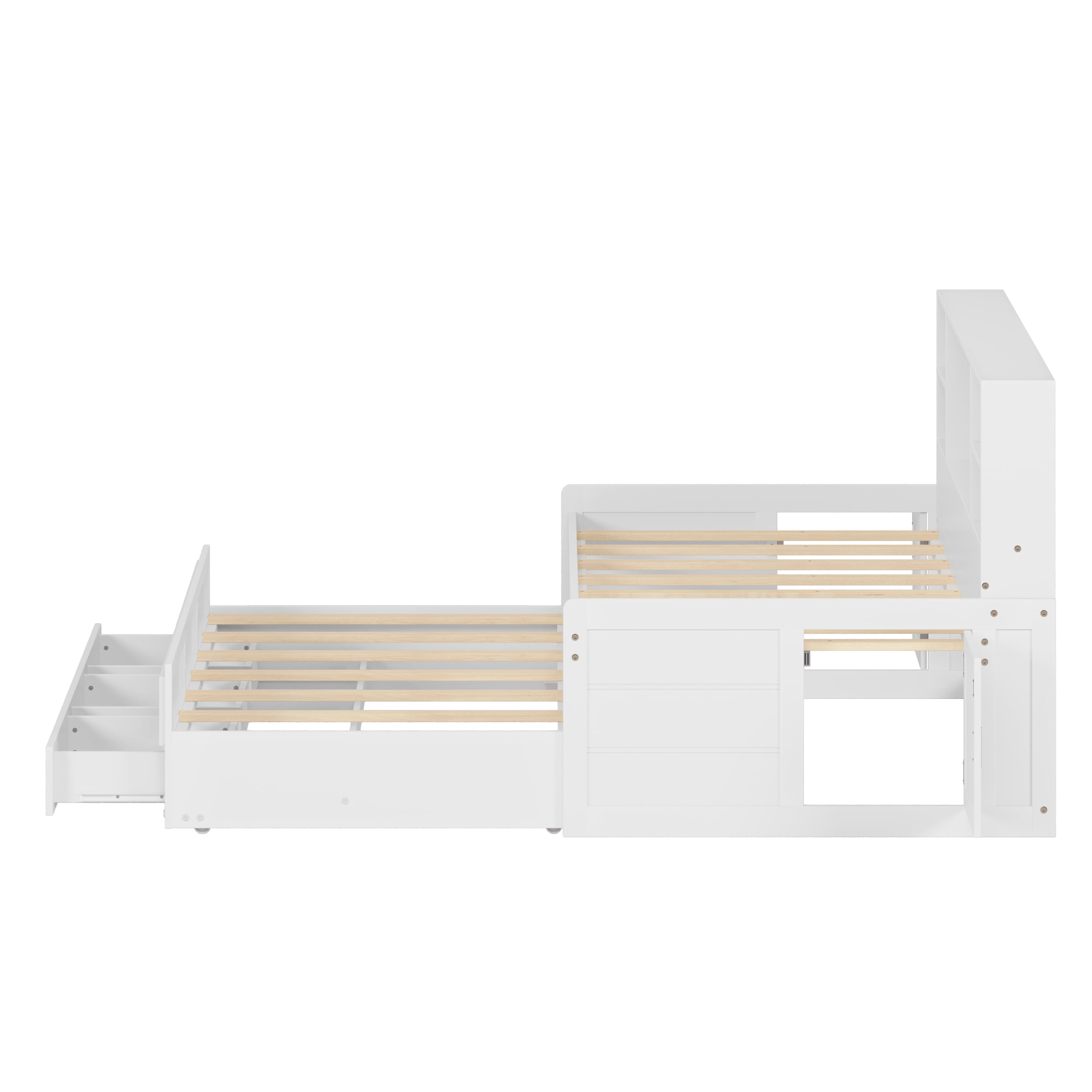 PORKISS Twin Size Daybed, Wooden Captain Daybed with Storage Bookcase Headboard, Modern Captain’s Bed with Trundle and Storage Drawers for Kids, Teens, No Box Spring Needed, White