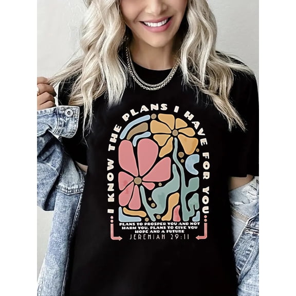 Women Christian T-Shirt Bible Verse and Flower Graphic Shirt Casual Crew Neck Top