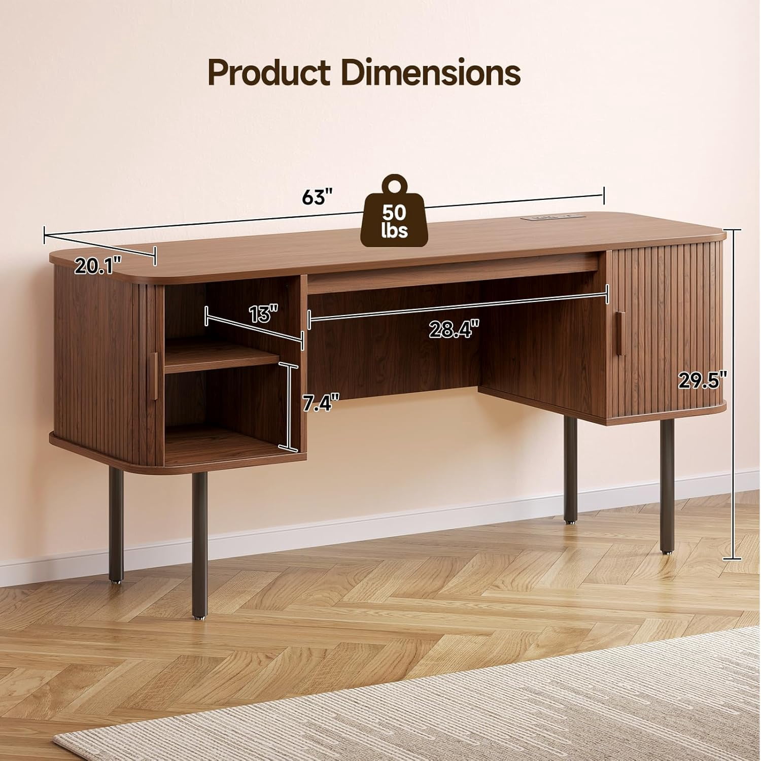 ONBRILL 63 Inch Fluted Computer Desk with Charging Station, Mid Century Executive Desk with 2 Storage Cabinets, Modern Home Office Large Desk with Metal Legs for Working, Studying, Writing, Walnut