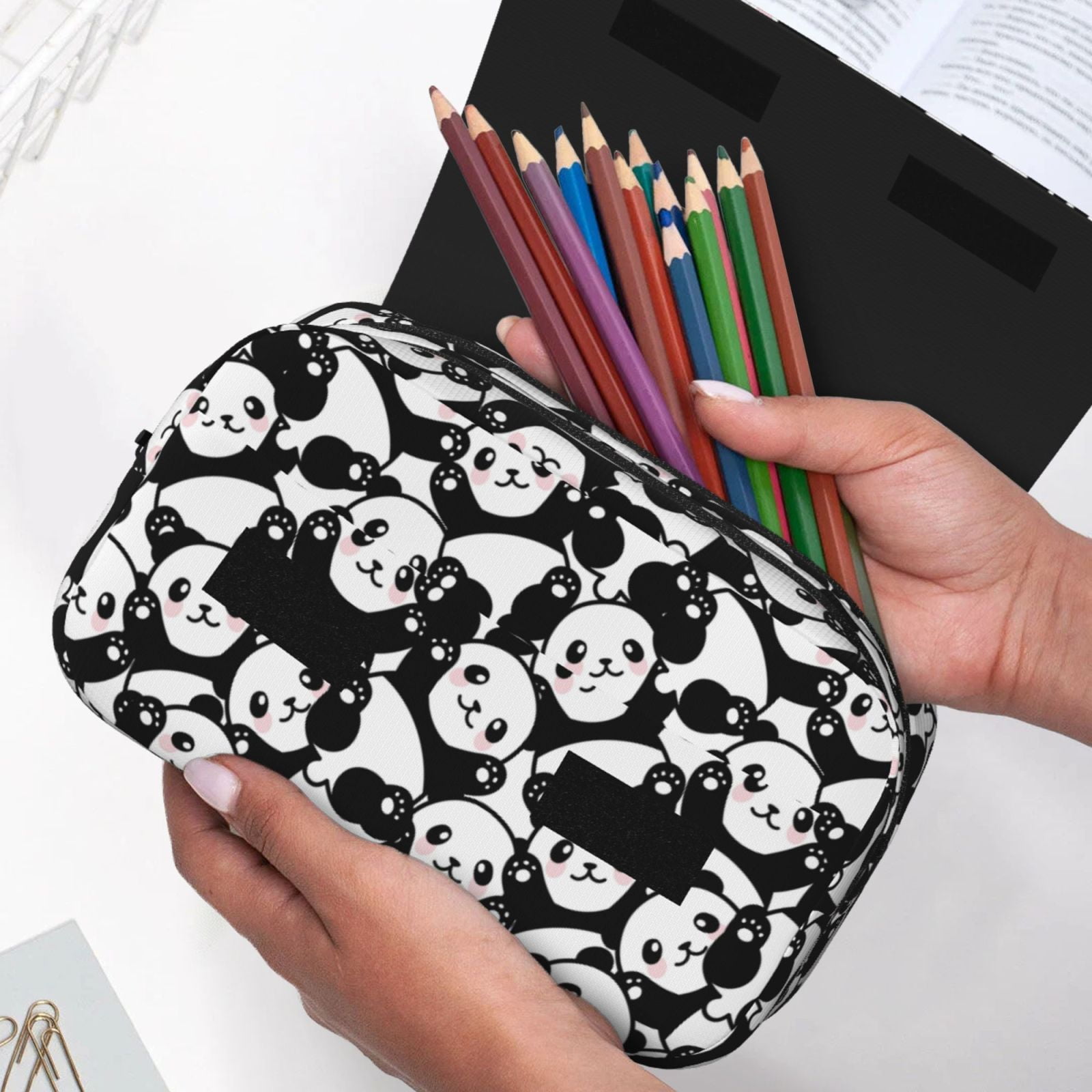 Rateoe Seamless Pattern Cute Panda Pattern Double Clamshell Pen Case, Storage Organizer with Two Zipper Compartments– Holds Up to 50 Pencils & Pens