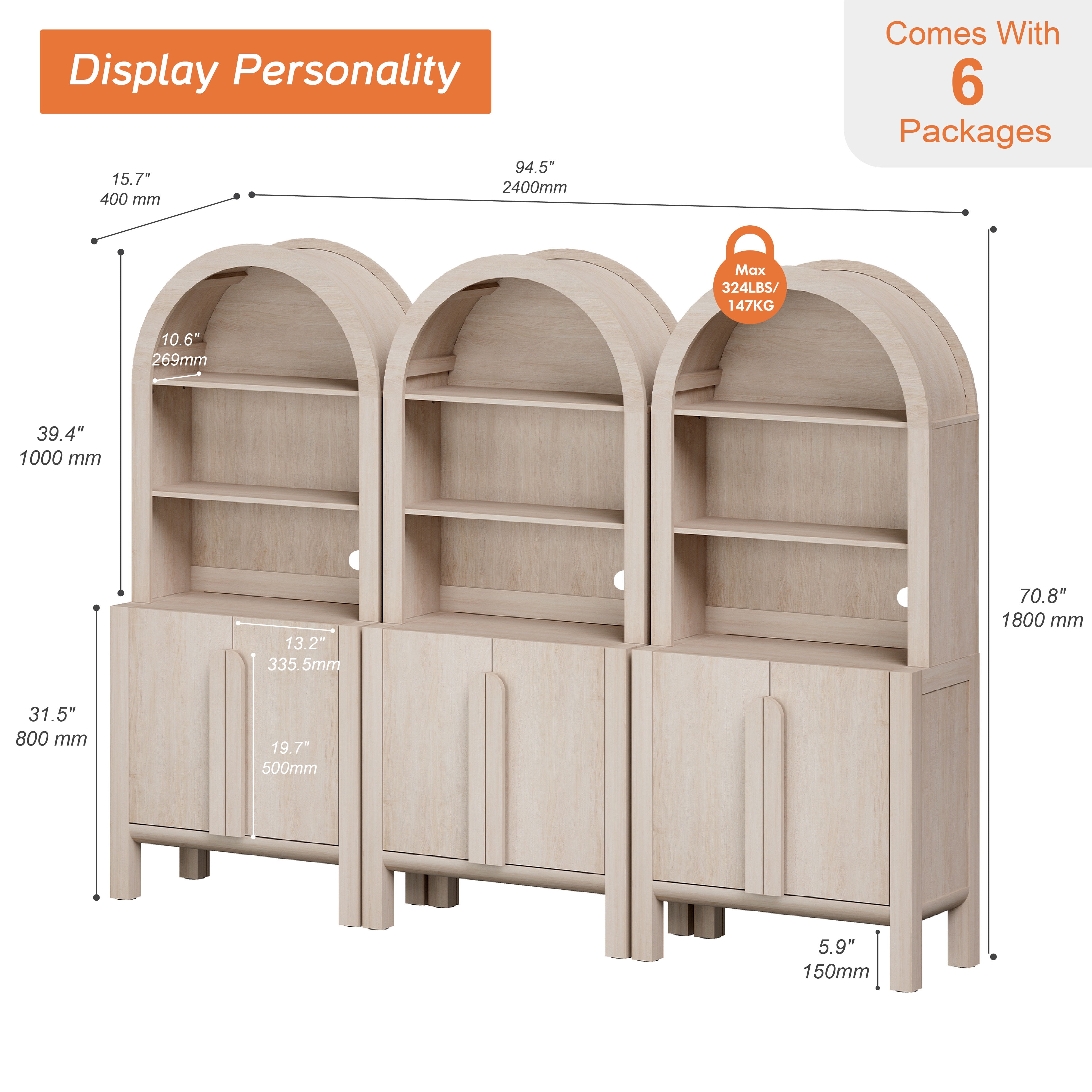 94.5"W Arched Kitchen Hutch Sideboard, Mid-Century Modern Buffet Hutch Cabinet with 6 Wooden Doors And 3 Tier Shelves