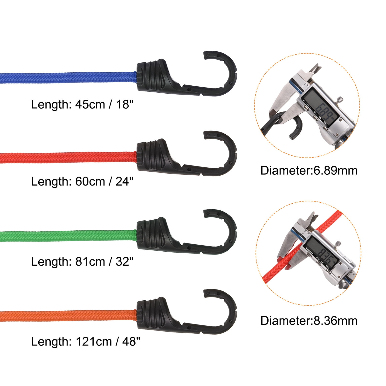 Uxcell 26pcs Bungee Cord with Hooks 18", 24", 32", 48" (4) Tarp Clips (4) Ball Bungee Rubber Bungee Cords