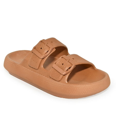 

Wild Diva Women s Double Strap Buckle Waterproof Open Toe Pillow Cloud Slide Sandals (Tan 10)