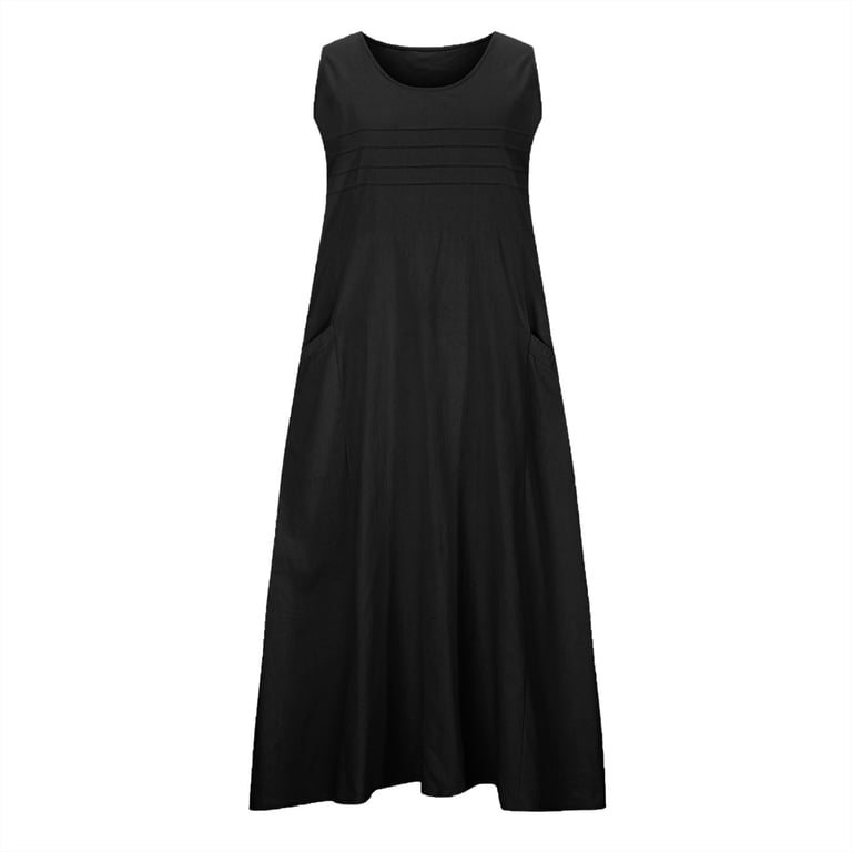Womens Plus Size Dresses Women's Cotton and Linen Dress Long Sleeveless  Solid Color Dress with Pocket Skirt Black S - Walmart.com