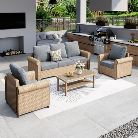 MF Studio 4-Piece Wicker Patio Furniture Set 5-Seat Rattan Outdoor Furniture Set Patio Conversation Set with Double-Tier Coffee Table Gray