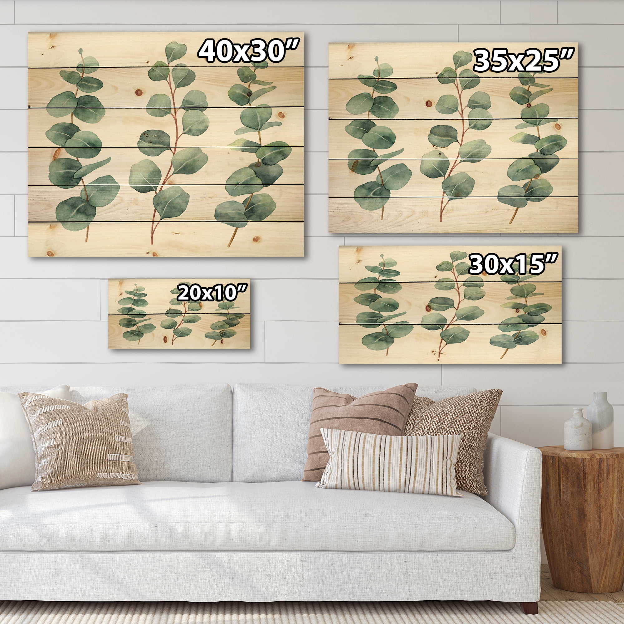 Designart 'Young Eucalyptus Branches and Leaves I' Traditional Print on Natural Pine Wood