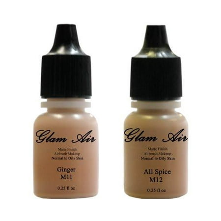 (2)Two Glam Air Airbrush Makeup Foundations M11 Ginger & M12 All Spice for Flawless Looking Skin Matte Finish For Normal to Oily Skin (Water Based)0.25oz