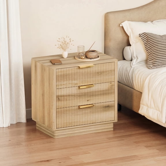 Fluted Nightstand, Wood Night Stand with 3 Drawers Storage Bedside Table Large Fluted Bed Side End Table, Modern Nightstand for Bedroom Living Room