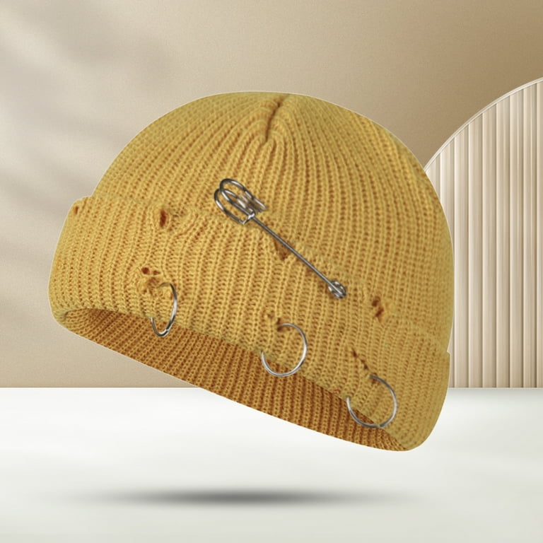 D-GROEE Short Fisherman Beanie for Men Women, Rolled Cuff Ripped Flanging  Metal Ring Hat Wool Yarn Knit Cuff Winter Warm Ski Skull Hat Cap 