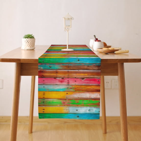 Old Wooden Board Vintag Colorful Table Runner, Seasonal Fall Winter Kitchen Dining Table Decoration for Home Party Decor 13 x 72 Inch