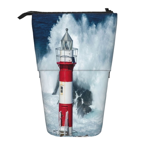 Xecao Circular Lighthouse Print Telescopic Pencil Bag Pen Holder Pop Up Stationery Case Stand-up Retractable Transformer Bag Standing Organizer