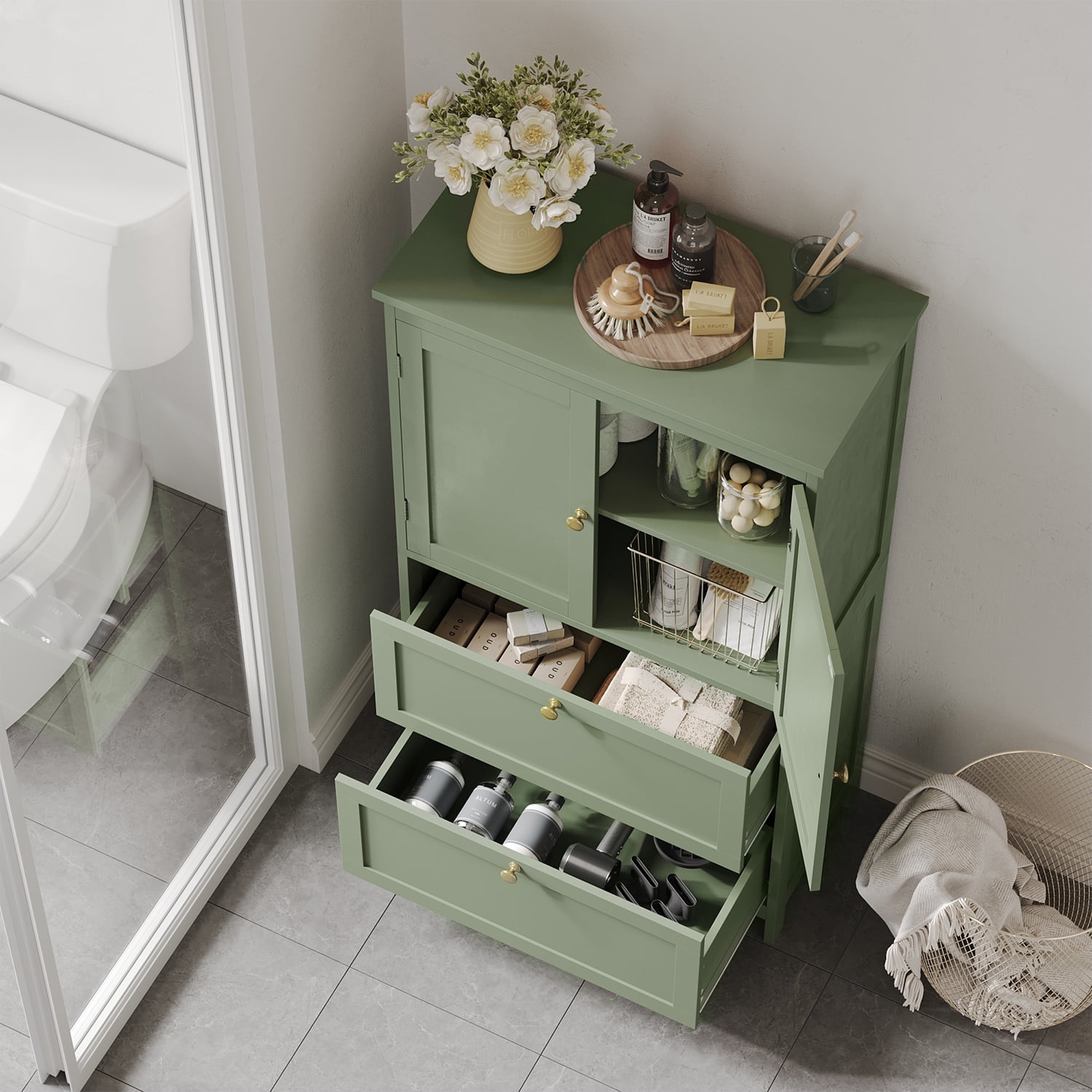 LEDREM Bathroom Floor Storage Cabinet, Freestanding Cabinet with 2 Doors 2 Drawers, for Kitchen Living Room Small Spaces,Green