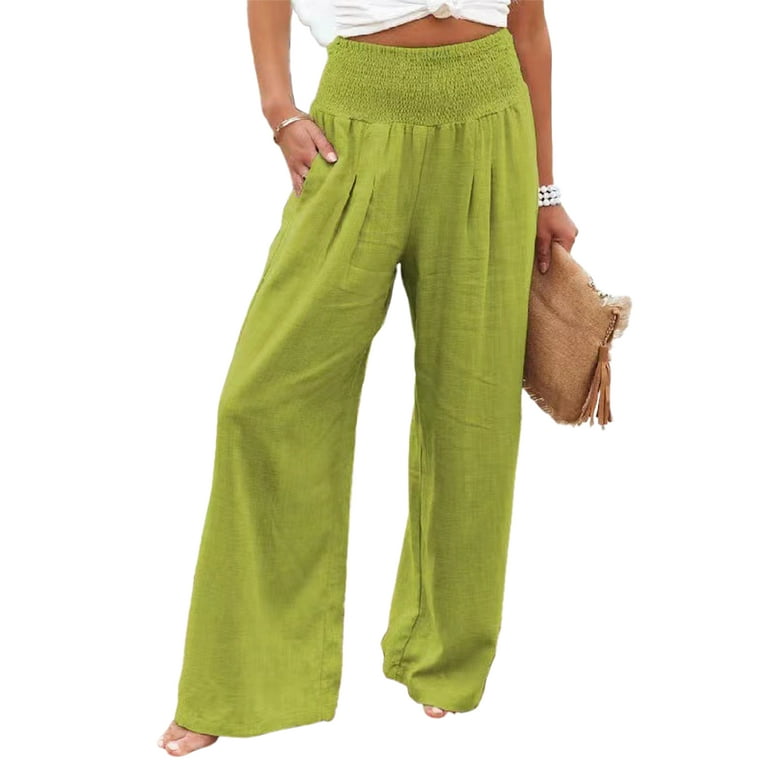 Frontwalk Women Cotton Linen Pants Elastic High Waist Wide Leg Palazzo  Pants Lounge Smocked Casual Trousers with Pockets Bright Green M