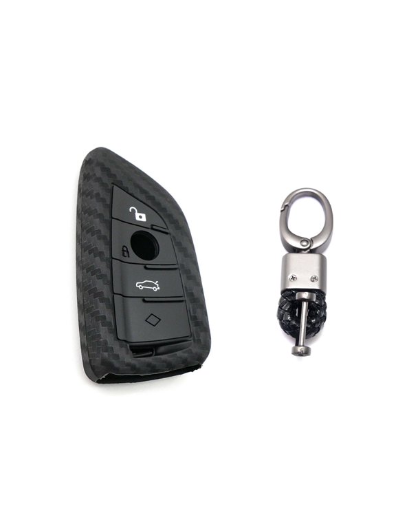 x xotic tech Carbon Fiber Pattern Soft Silicone Key Fob Shell Cover Case w/Keychain for BMW 2 5 6 7 Series X1 X2 X3 X5 X6 Series G05 G20 G30 G80 F10 F15 Smart Keyless Entry Key-Blade Shape