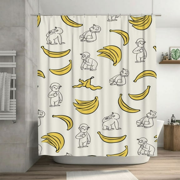 Curious George Shower Curtain Cartoon Art Bath Shower Curtains with 12 Hooks, Waterproof Washable Polyester Bathroom Home Decor Set 72x72 Inch, Iron