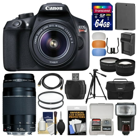 Canon EOS Rebel T6 Wi-Fi Digital SLR Camera & EF-S 18-55mm IS II with 75-300mm III Lens + 64GB Card + Case + Flash + Battery & Charger + Tripod + Kit
