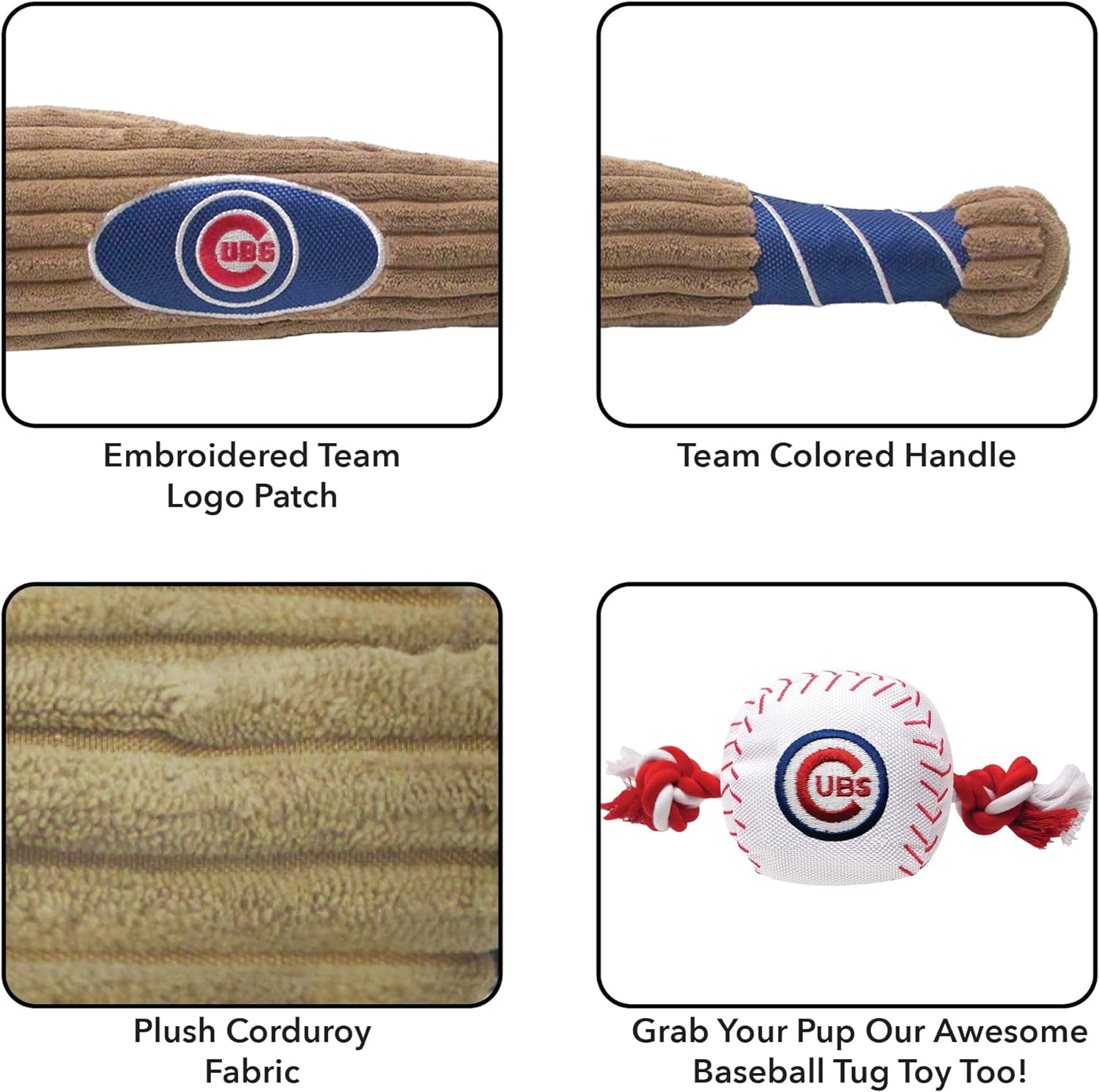 mlb chicago cubs bat toy for dogs & cats. 29 mlb teams available. - plush pet toy with inner squeaker. officially licensed baseball bat.
