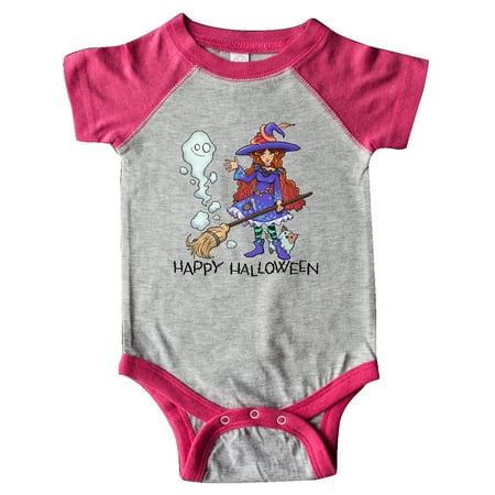 

Inktastic Happy Halloween Cute Witch with Patchwork Cat and Ghost Gift Baby Boy or Baby Girl Bodysuit