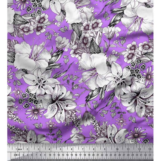 Soimoi polyester Crepe Fabric Leaves & Flower Floral Printed Fabric 1 Yard 52 Inch Wide