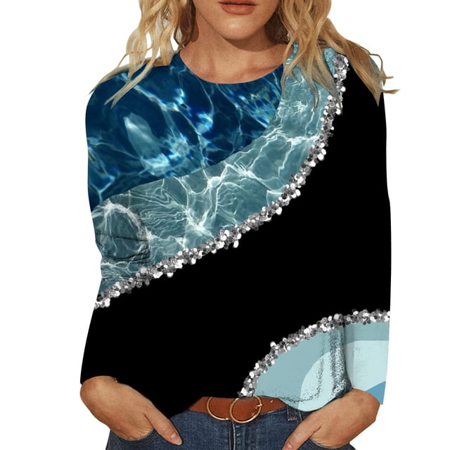 Women Élégance en Vrac Col Rond Impression Manches Longues 95% Polyester, 5% Spandex Blouse (Noir, XL)