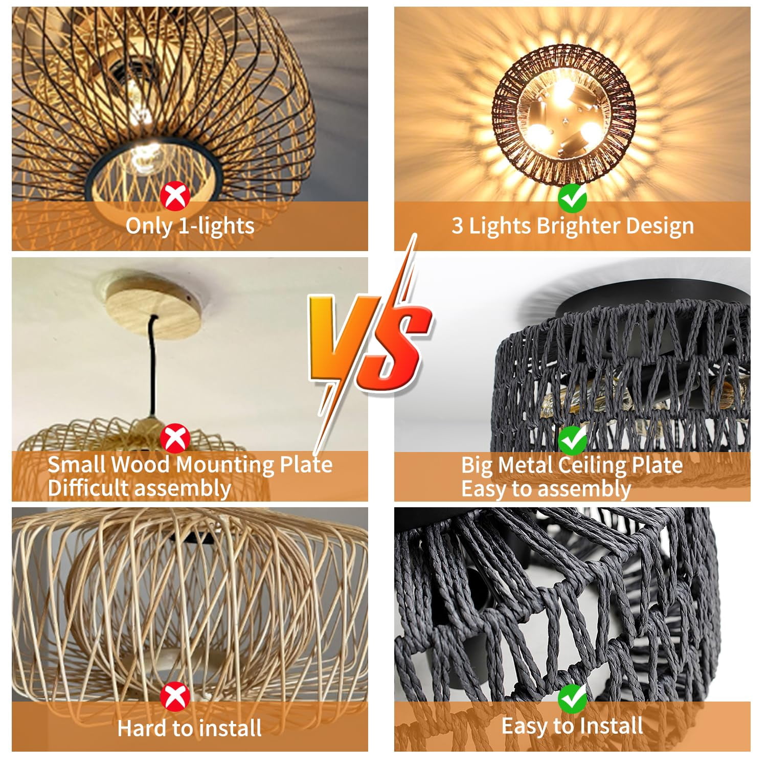 Lohas Led 3-Light Black Rattan Flush Mount Ceiling Light with  Hand-Woven Cage Shade for Hallway Bedroom