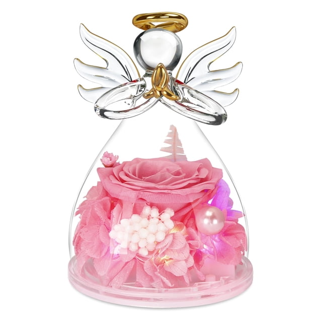 Figuras de ángel con flores preservadas, rosas en cristal, incrustadas