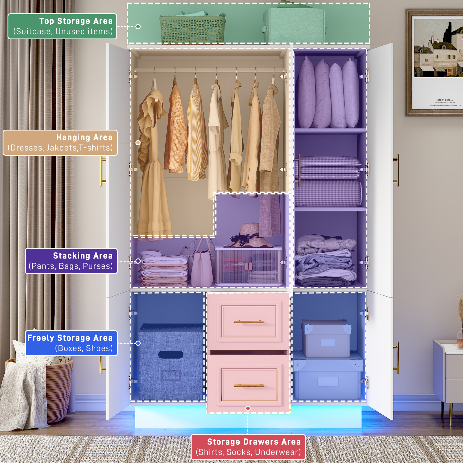 Blotout 75" Tall 3 Doors Armoire Wardrobe Closet with LED Lights, LED Armoire with Doors and Drawers, Wooden Armoire Storage Cabinet with Hanging Rod, Adjustable Shelves