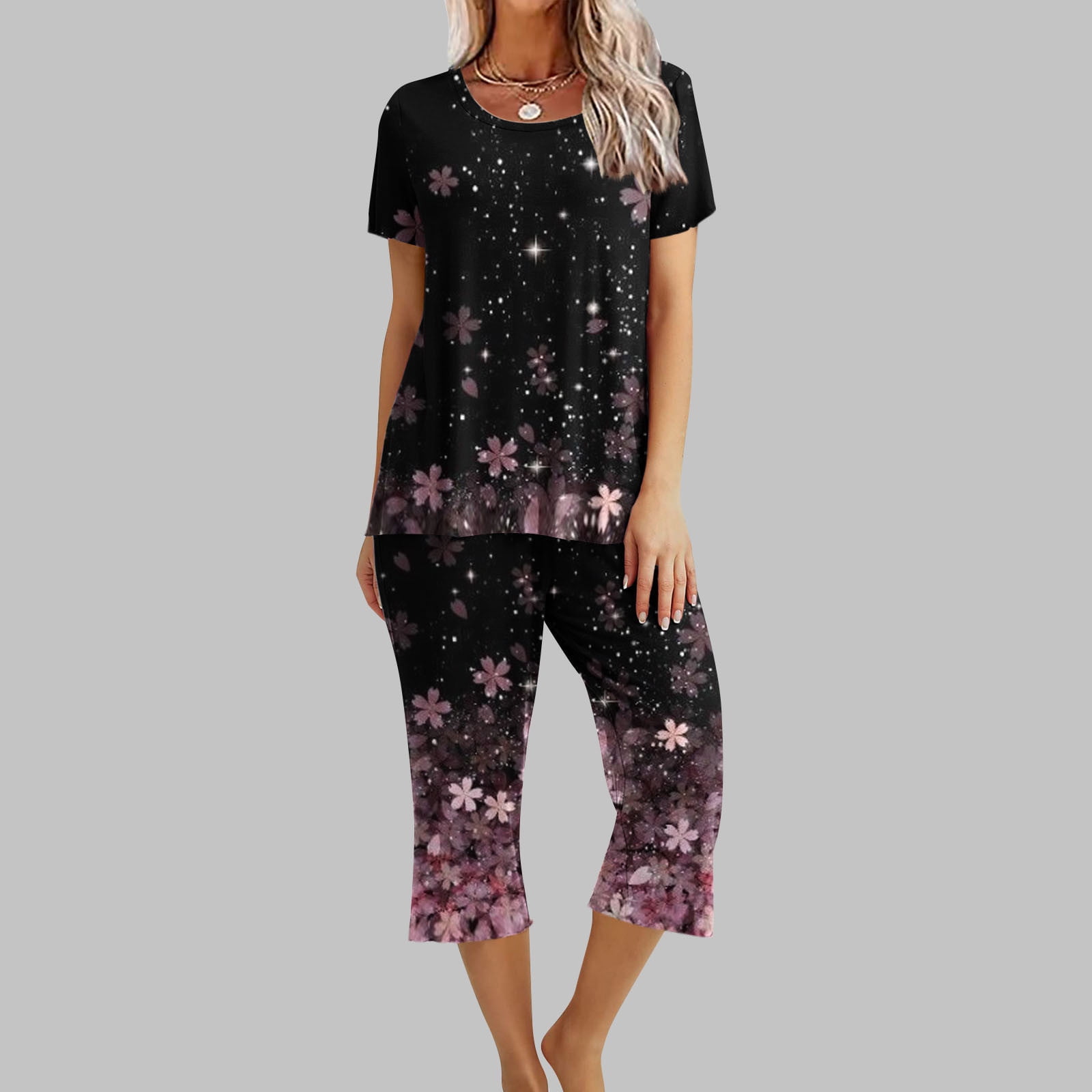 Womens Pajamas Fashion Women s Printing Round Neck Short Sleeve Sleepshirt And Pants Sets Loungewear Pajamas With Pockets
