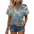 thumbnail image 6 of JTZGDY Cute Womens Tops Fashion V Neck Summer Short Sleeve Floral Pattern Graphic T-Shirts Loose Fit Casual Tunic Blouses Navy#01 XL, 6 of 7
