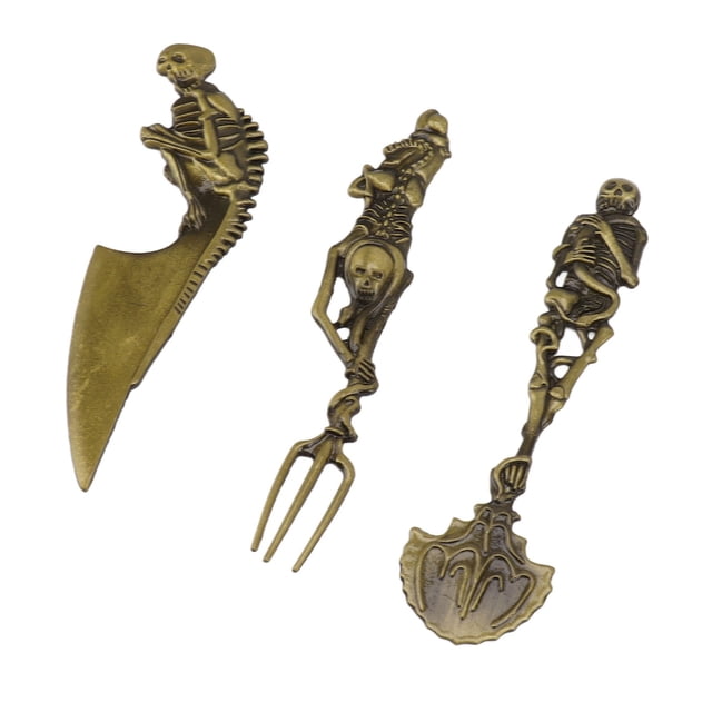 Juego de cubiertos esqueléticos de Halloween, vajilla de aleación de zinc de metal con personalidad y calavera, tenedor, cuchara y cuchillo con esqueleto creativo, regalo de Halloween dorado