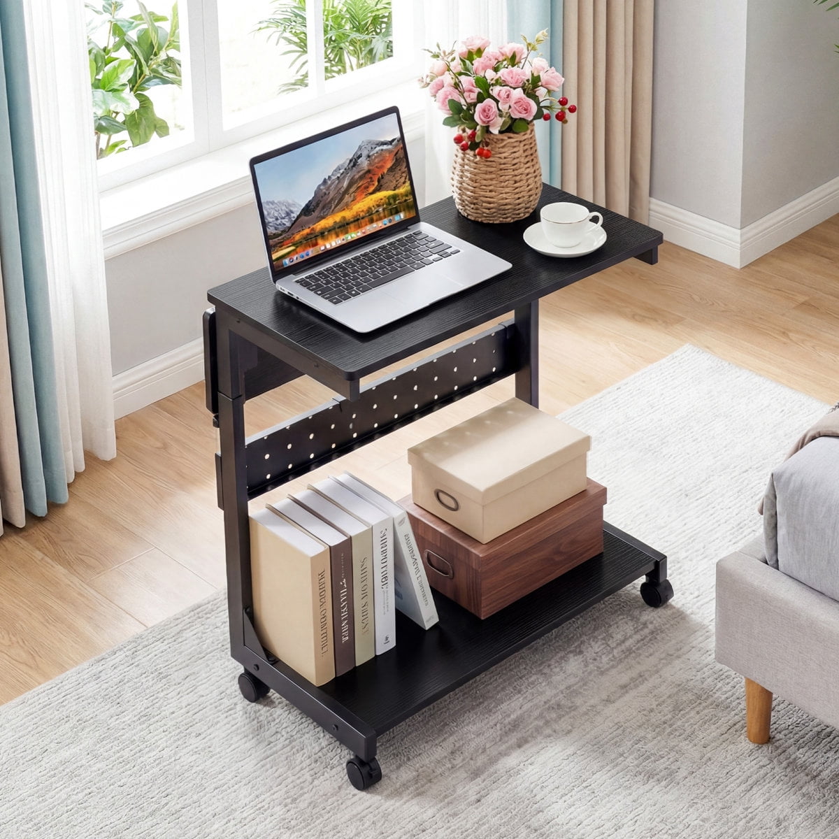 JIOABL Height Adjustable 2-Tier Computer Tower Stand with Folding Panel, Wheels, Pegboard & Mouse Pad, Black