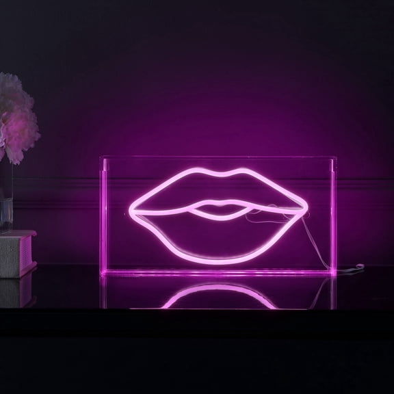Lips 11.88" X 5.88" Contemporary Glam Acrylic Box USB Operated LED Neon Light, Pink