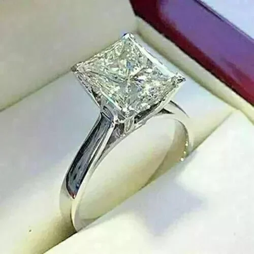 2Ct Princess Cut Solitaire Real Moissanite Engagement Ring in 14K White Gold Plated Silver