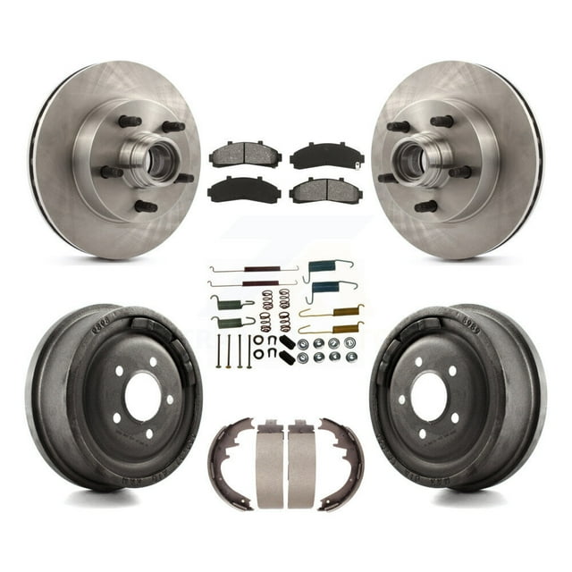 Transit Auto Front Rear Disc Brake Rotors Hub Assembly Semi-Metallic Pads and Drum Kit (7Pc) for Car 1998-1999 Mazda B4000 RWD with 4-Wheel ABS with 10" Diameter K8S-102204