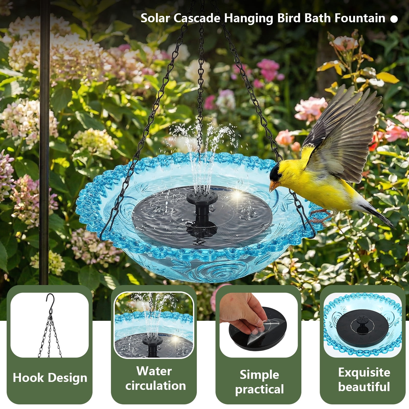 Threns Solar Cascade Hanging Bird Bath Fountain, Solar Powered Bird Bath Fountain, Hanging Birds Baths for Outdoors Garden Patio Backyard Lawn Decor