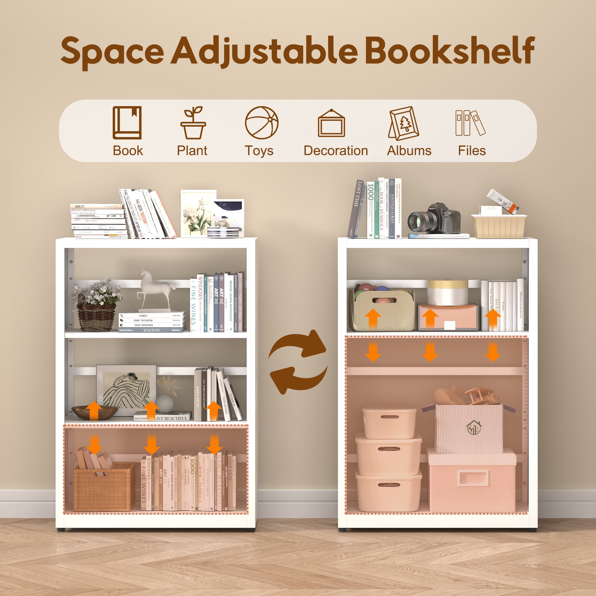 Polup Industrial Bookcase 3-Tier Metal Adjustable Freestanding Storage Rack with Bookends White 1-Pack