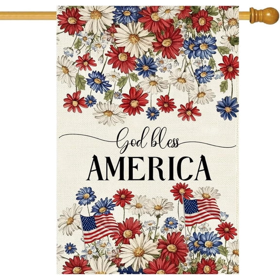 Patriotic House Flag 28 X 40 Inch, Double Sided Burlap 4th of July Memorial Day Flowers Welcome Large Yard Flag for Porch Patio Summer Holiday Outdoor Outside Decor