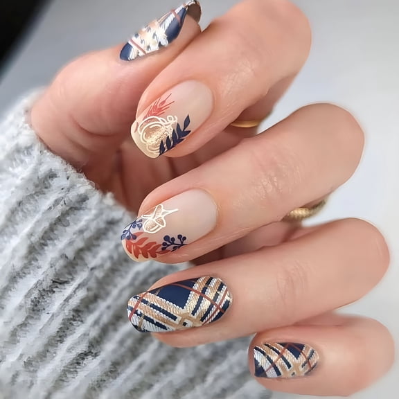 RAGUPEL Short Fall Press on Nails Square Brown Fake Nails Full Cover Leaves False Nails with Designs Gold Foil Glitter Glossy Glue on Nails Acrylic Nails Manicure Artificial Nails