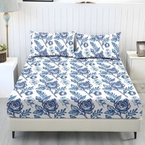 COEQINE King Size Sheet Set 3 Pieces, Includes Bedding Sheets & Pillowcases, All Around Elastic Fitted Long Lasting All Season for Women, Men, Blue Rose Floral