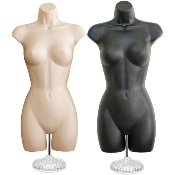 Black Female Flesh Female Dress Form Mannequin Hip Long Hollow Back Body Torso Set w/ Acrylic Stand with Metal Pole & Hanging Hook, S-M Sizes