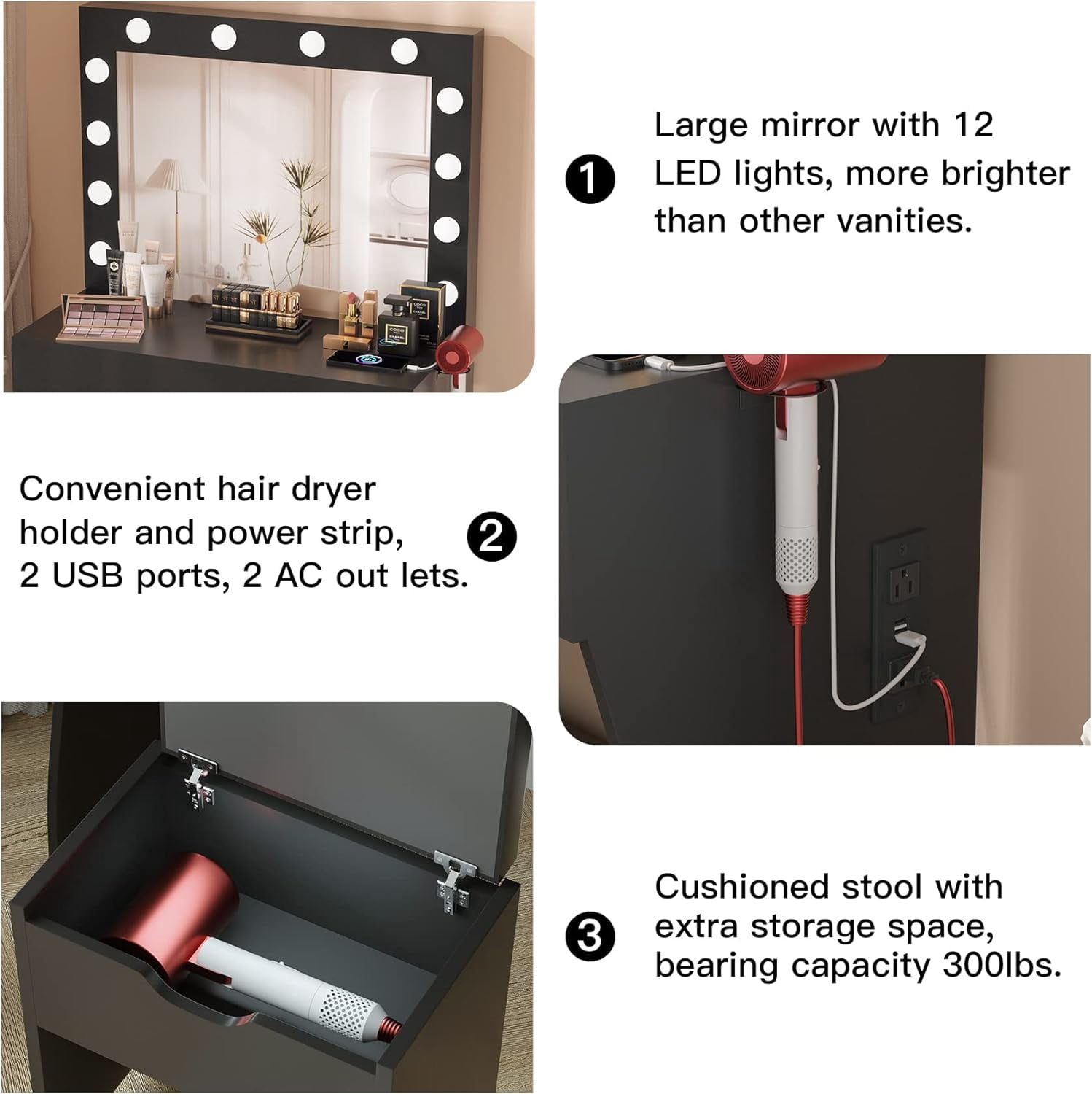 VEANERWOOD Vanity Set with 3 Color Lighted Mirror Makeup Table 55" with Charging Station Large Drawer, Black