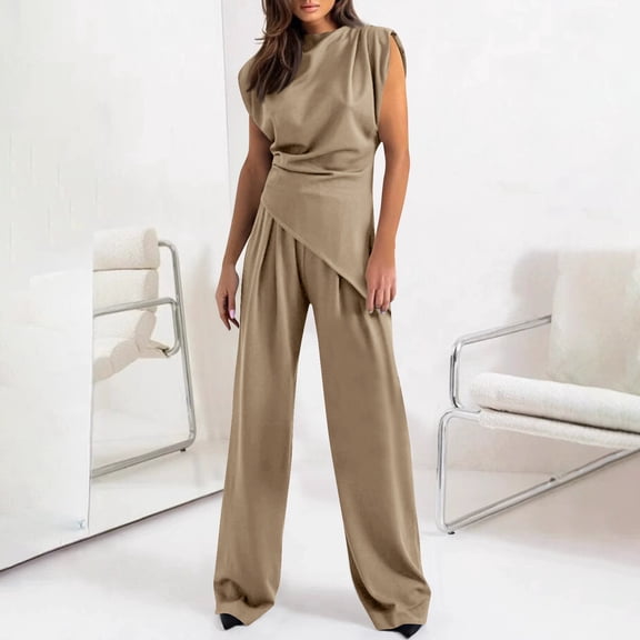 Womens Lounge Sets Plus Size Solid Color Irregular Suit Sleeveless Round Neck Coffee Outfit Sets S-3XL